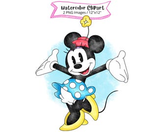 Minnie Mouse Watercolor Clipart, High Resolution, Digital Download, Vintage, Retro, PNG