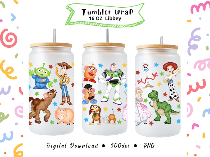 Toy Story-glaspapper, digital sublimering, 473 ml, akvarell, glasmugg, Libbey-mugg bild 1