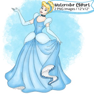 Princess Cinderella Watercolor Clipart, Hand Drawn, Cute Cartoon, Illustration, PNG, Transparent, 300 DPI, High Resolution, Cinderella