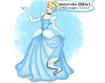 Cinderella Watercolor Clipart, Cute Cartoon PNG (Digital Download)