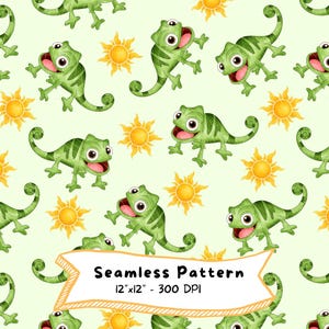 Könnte beinhalten: Nahtloses Muster mit Cartoon-Chamäleons in Grün und gelben Sonnen auf hellgrünem Hintergrund. Die Chamäleons haben rosa Münder und sind in verschiedenen Posen. Der Text "Seamless Pattern" wird auf einem Banner angezeigt.