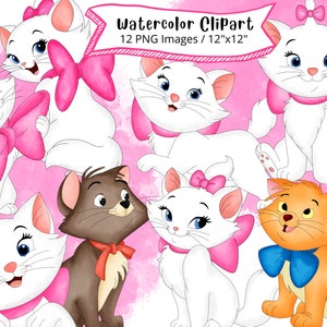 The Aristocats Watercolor Clipart Set, Marie, Hand Drawn, Cute Cartoon Illustration, PNG, Digital Download, Cat Clipart, Commercial Use