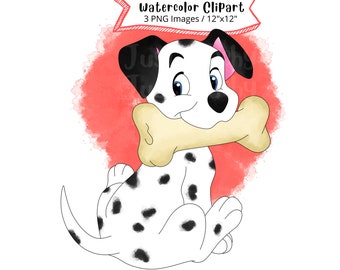 101 Dalmatians Watercolor Clipart Set: Puppy Cartoon PNG (Digital Download)