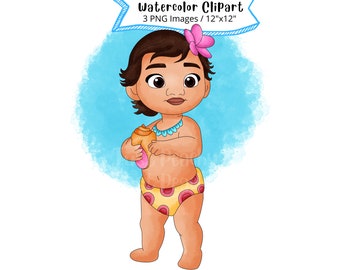 Clipart acquerello di Baby Moana: illustrazione della principessa dei cartoni animati (download immediato)