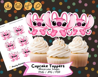 Adornos para cupcakes de Lilo y Stitch con forma de ángel: Fiesta de cumpleaños en acuarela (Descarga digital)