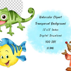 May include: Watercolor clipart featuring a green chameleon, a yellow and blue fish, and a brown mouse with a pink bow. The image includes the text "Watercolor Clipart, Transparent Background, 12"x12" Inches, Digital Download, 300 DPI, 16 PNG."