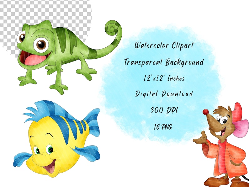 May include: Watercolor clipart featuring a green chameleon, a yellow and blue fish, and a brown mouse with a pink bow. The image includes the text "Watercolor Clipart, Transparent Background, 12"x12" Inches, Digital Download, 300 DPI, 16 PNG."