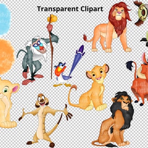 May include: A set of nine cartoon characters from the Lion King movie. The characters include Simba, Nala, Mufasa, Scar, Pumbaa, Timon, Zazu, Rafiki, and Shenzi. The characters are all in their signature poses and are drawn in a colorful cartoon style.