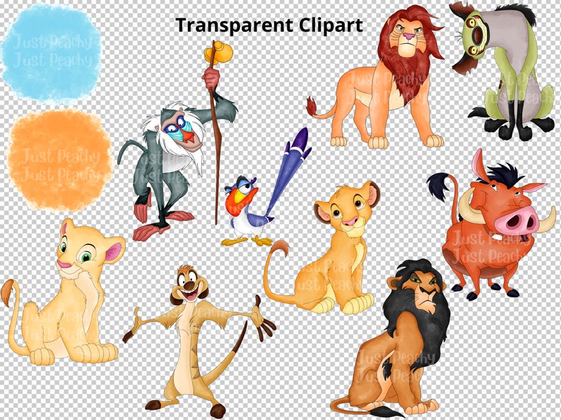 May include: A set of nine cartoon characters from the Lion King movie. The characters include Simba, Nala, Mufasa, Scar, Pumbaa, Timon, Zazu, Rafiki, and Shenzi. The characters are all in their signature poses and are drawn in a colorful cartoon style.