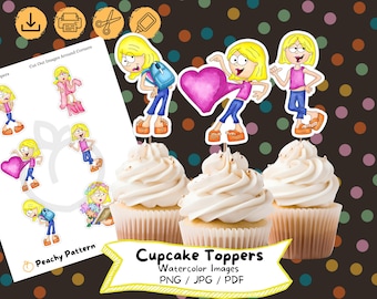 Decorazioni per cupcake di Lizzie McGuire, acquerello PNG, festa di compleanno, download digitale, alta risoluzione