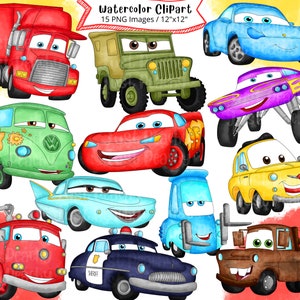 Cars Watercolor Clipart, Cute Cartoon, Cars PNG, Instant Download, Commercial use, Cars Print, Lightning Mcqueen, Mater, Sally, Hand Drawn