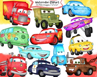 Cars Watercolor Clipart: Cartoon PNG Set (Digital Download)