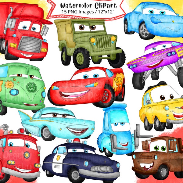 Cars Watercolor Clipart, Cute Cartoon, Cars PNG, Instant Download, Commercial use, Cars Print, Lightning Mcqueen, Mater, Sally, Hand Drawn