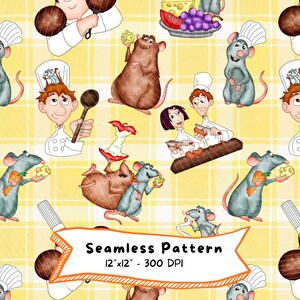 Puede incluir: Patrón sin costuras con chefs de dibujos animados, ratas y alimentos como queso y uvas sobre un fondo de cuadros amarillos. El diseño incluye el texto "Seamless Pattern" y dimensiones de 30,48 cm x 30,48 cm a 300 DPI.