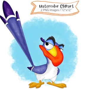 Ensemble de cliparts aquarelle dessinés à la main Zazu du Roi Lion, PNG, haute résolution, fond transparent, dessin animé mignon, animaux de safari, oiseau png