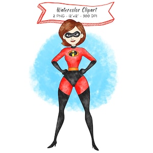 May include: Watercolor clipart of a female superhero in a red and black costume with a black mask. The character is standing in front of a blue watercolor background. The image includes text that reads "Watercolor Clipart".