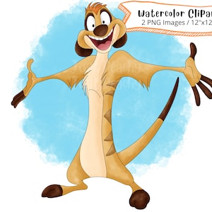 Conjunto de clipart de aquarela desenhado à mão Timon do Rei Leão, PNG, alta resolução, fundo transparente, desenho animado fofo, animais de safari, suricato