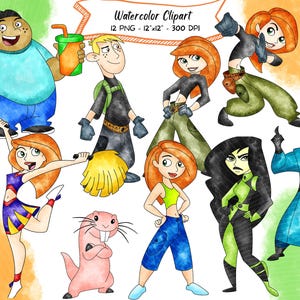 Op de afbeelding: Waterverfillustratie van stripfiguren, waaronder een cheerleader, een personage met een groen drankje en een personage met een rugzak. De afbeelding bevat de tekst "Watercolor Clipart" en "12 PNG - 12"x12" - 300 DPI".
