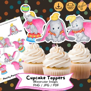 Dumbo Watercolor Cupcake Topper, Instant Digital Download, Birthday Party, Cake Topper, Birthday , Printable File, Kids Party, Baby Shower