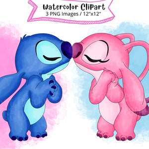Stitch and Angel Watercolor Clipart Set, Cute Cartoon, PNG, Transparent Background, High Resolution, Lilo and Stitch, Hand Drawn, Valentines