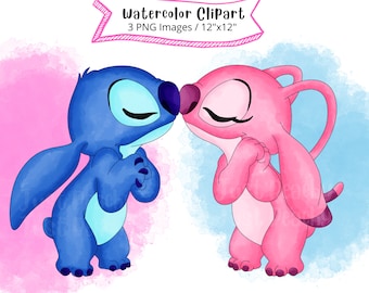 Stitch and Angel Watercolor Clipart Set: Cartoon PNG (Digital Download)