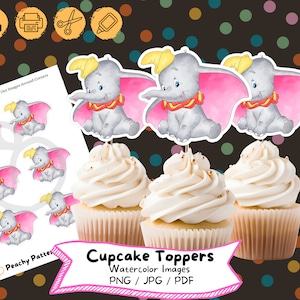 Dumbo Watercolor Cupcake Topper, Instant Digital Download, Birthday Party, Cake Topper, Birthday , Printable File, Kids Party, Baby Shower