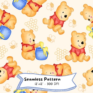 Winnie the Pooh Patrón sin costuras, Descarga digital, Dibujos animados lindos, Alta resolución, Descarga instantánea, Acuarela, Guardería