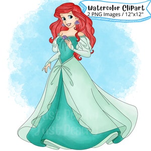 Princess Ariel Watercolor Clipart, Hand Drawn, Cute Cartoon, Illustration, PNG, Transparent, 300 DPI, High Resolution, The Little Mermaid