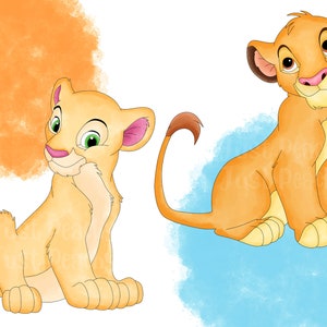 May include: Two cartoon lion cubs, one with a light orange fur and the other with a darker orange fur, are sitting on a white background. The lion cub with the light orange fur is on the left side of the image and the lion cub with the darker orange fur is on the right side of the image. Both lion cubs are looking at the viewer.