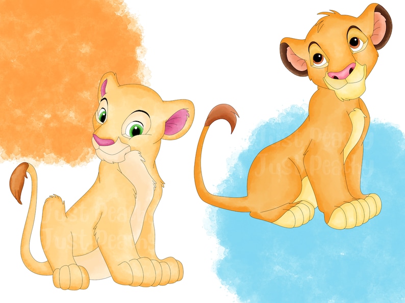 May include: Two cartoon lion cubs, one with a light orange fur and the other with a darker orange fur, are sitting on a white background. The lion cub with the light orange fur is on the left side of the image and the lion cub with the darker orange fur is on the right side of the image. Both lion cubs are looking at the viewer.