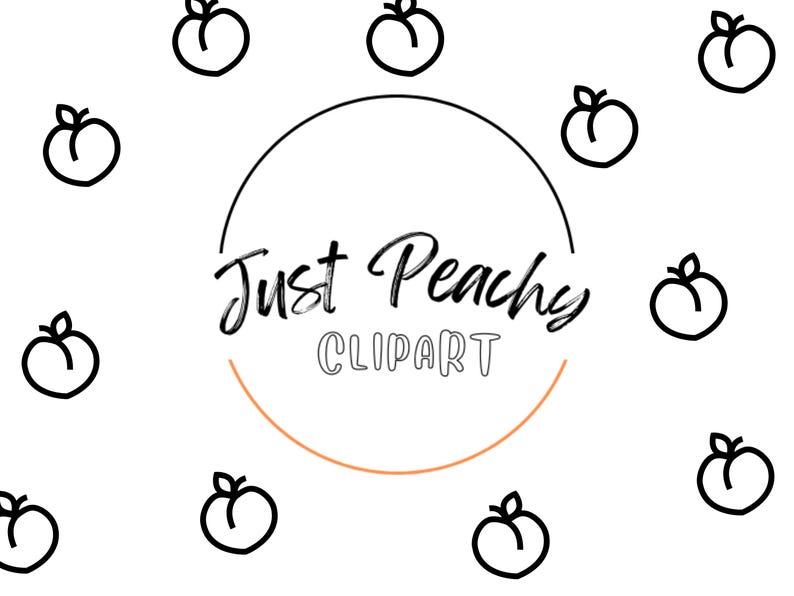 Puede incluir: Fondo blanco con ilustraciones de melocotones en arte lineal negro dispersas alrededor de un dise&ntilde;o central. El dise&ntilde;o presenta un c&iacute;rculo negro con las palabras "Just Peachy" en cursiva y "CLIPART" en letras, con un arco naranja debajo.