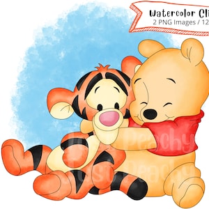 Bebé Winnie the Pooh y Tigger acuarela Clipart Set, dibujos animados lindo, Tigger, Piglet, Eeyore, PNG, 300DPI, conjunto completo, digital, dibujado a mano,