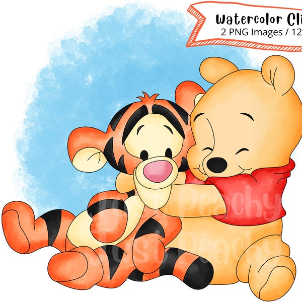 Baby Winnie the Pooh and Tigger Watercolor Clipart Set, Cute Cartoon, Tigger, Piglet, Eeyore, PNG, 300DPI, Full Set, Digital, Hand Drawn,