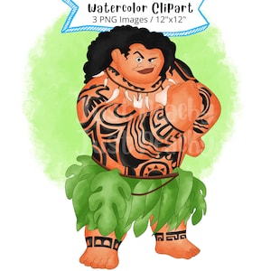 Maui from Moana Hand Drawn Watercolor Clipart Set, Cute Cartoon Illustration, Transparent Background, Instant Download, Maui Demi-God