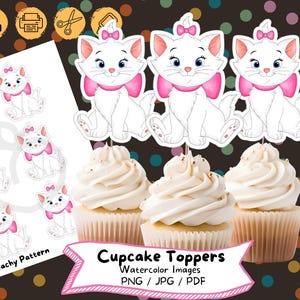 Aristocats Watercolor Cupcake Topper, Digital Download, Birthday Party, Cake Topper, Birthday Decoration, Printable File, Kids Party, Marie