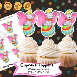 Dumbo Watercolor Cupcake Topper, Instant Digital Download, Birthday Party, Cake Topper, Birthday , Printable File, Kids Party, Baby Shower