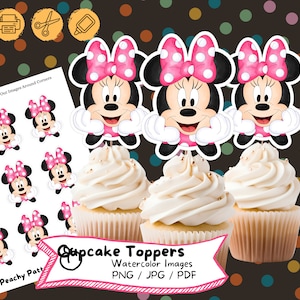 May include: Cupcake toppers featuring Minnie Mouse with pink polka dot bows, placed atop frosted cupcakes. The image includes a sheet of cut-out images and text that reads "Cupcake Toppers, Watercolor Images, PNG / JPG / PDF."