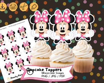 Minnie Mouse Watercolor Cupcake Topper, Instant Digital Download, Birthday Party, Cake Topper, Birthday Decoration, Printable, Kids Party