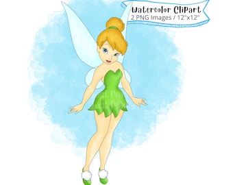 Tinkerbell Watercolor Clipart: Hand Drawn Cartoon PNG (Commercial Use)