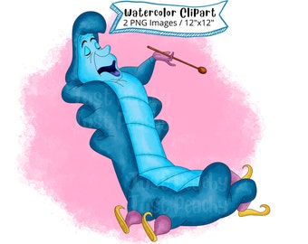 May include: Watercolour clipart of a blue caterpillar with a human-like face, wearing a purple hat and holding a stick. The caterpillar is lying on its side with its legs in the air. The background is a light pink watercolour wash.