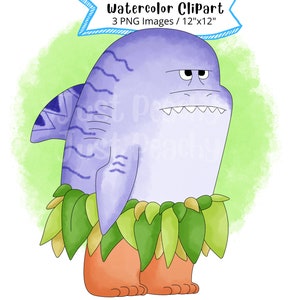 Shark Maui from Moana Hand Drawn Watercolor Clipart Set, Cute Cartoon Illustration, Transparent Background, Instant Download, Maui Demi-God