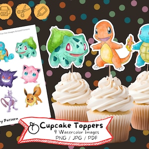 Watercolor Pocket Monsters Cupcake Toppers (Digital Download)