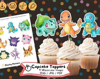 Adornos para cupcakes de Monstruos de Bolsillo en Acuarela (Descarga digital)