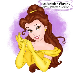 Belle dal set di clipart ad acquerello disegnato a mano della Bella e la Bestia, illustrazione simpatico cartone animato, PNG, stampabile, trasparente, ad alta risoluzione