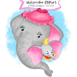 Mrs Jumbo and Dumbo Watercolor Clipart, Cute Cartoon, PNG, Hand Drawn, Nursery Decor, Baby Elephant, Instant Download, Mothers Day