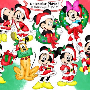 Mickey Mouse y Minnie Mouse, conjunto de imágenes prediseñadas de acuarela, dibujo animado lindo, PNG, alta resolución, fondo transparente, Navidad, vacaciones