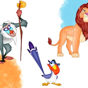 May include: A cartoon illustration of three characters from the Lion King movie. A grey baboon with a red face and a stick, a red-haired lion with a yellow body, and a blue and red bird with a long tail.