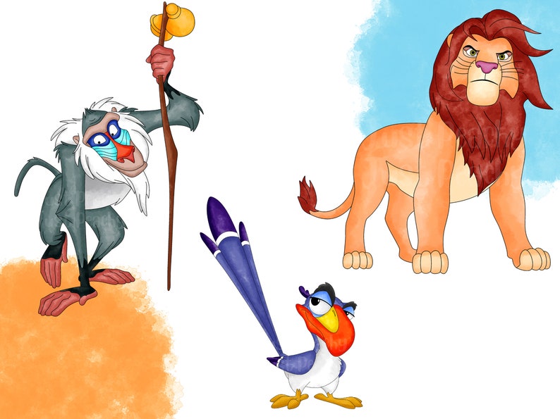 May include: A cartoon illustration of three characters from the Lion King movie. A grey baboon with a red face and a stick, a red-haired lion with a yellow body, and a blue and red bird with a long tail.