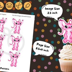 Puede incluir: Adornos para cupcakes rosas de Angel con dise&ntilde;o de dibujos animados. El tama&ntilde;o de la imagen es de 6,35 cm. El tama&ntilde;o de la p&aacute;gina es de 21,59 x 27,94 cm. Los adornos est&aacute;n sobre un fondo blanco. La imagen tambi&eacute;n incluye cupcakes con glaseado blanco.