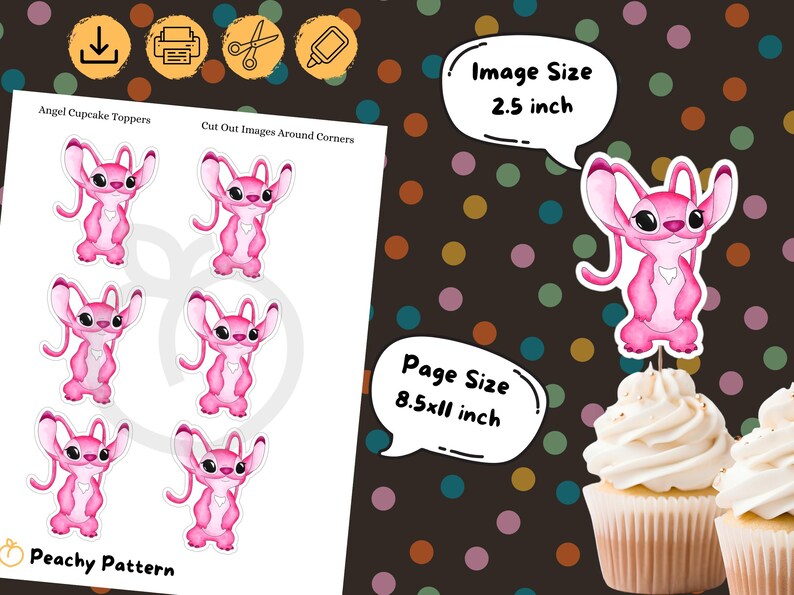 Puede incluir: Adornos para cupcakes rosas de Angel con dise&ntilde;o de dibujos animados. El tama&ntilde;o de la imagen es de 6,35 cm. El tama&ntilde;o de la p&aacute;gina es de 21,59 x 27,94 cm. Los adornos est&aacute;n sobre un fondo blanco. La imagen tambi&eacute;n incluye cupcakes con glaseado blanco.